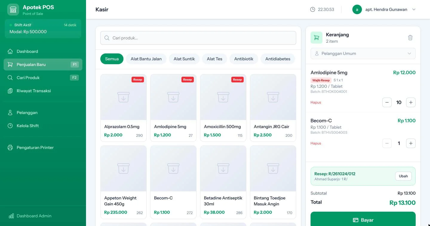 Tampilan Apotek POS: Obat keras tidak bisa dijual tanpa resep.