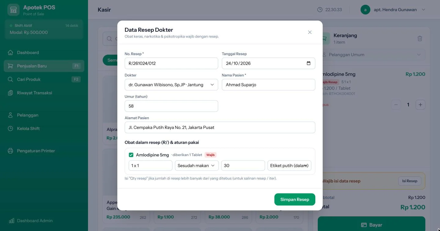 Tampilan Apotek POS: Obat keras tidak bisa dijual tanpa resep.