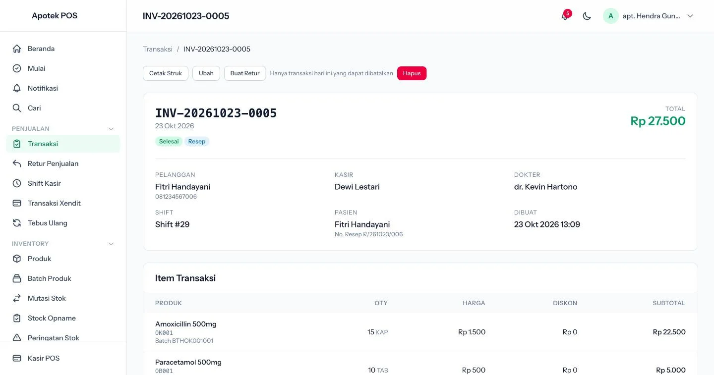 Apotek POS — transaksi resep, dashboard web