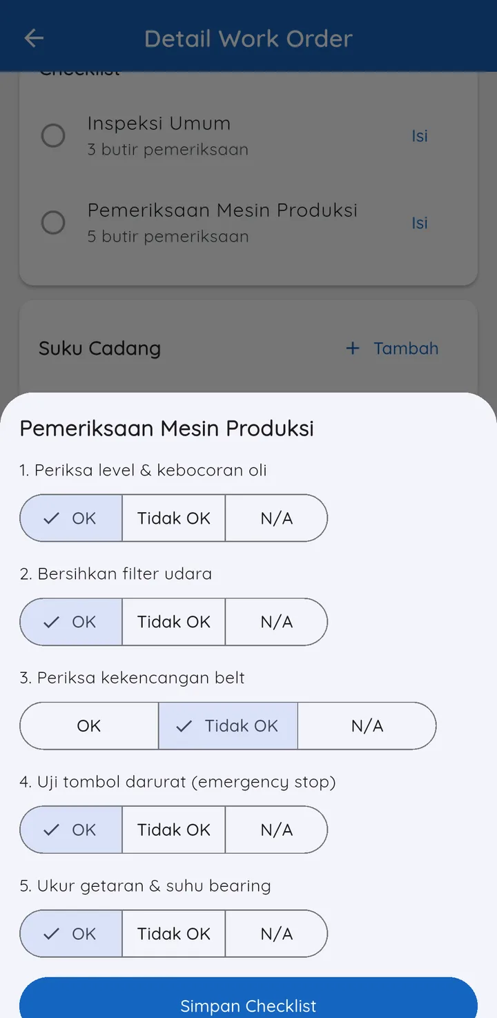 Tampilan Sistem Aset & Perawatan: Teknisi mengerjakan tugas perawatan dari HP.