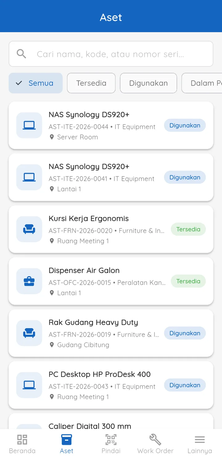 Tampilan Sistem Aset & Perawatan: Setiap aset punya kode, QR, dan pemegangnya.