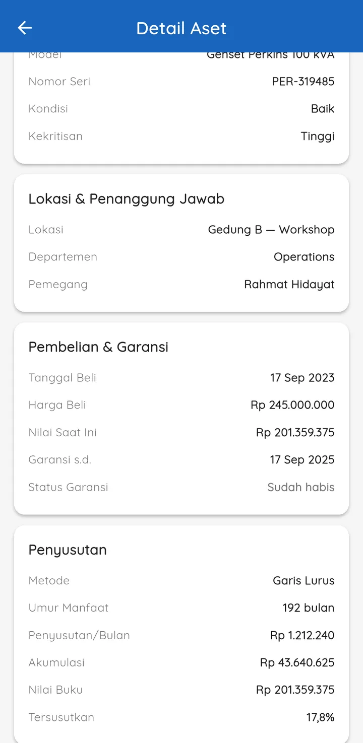 Tampilan Sistem Aset & Perawatan: Penyusutan pembukuan dan pajak dalam satu laporan.