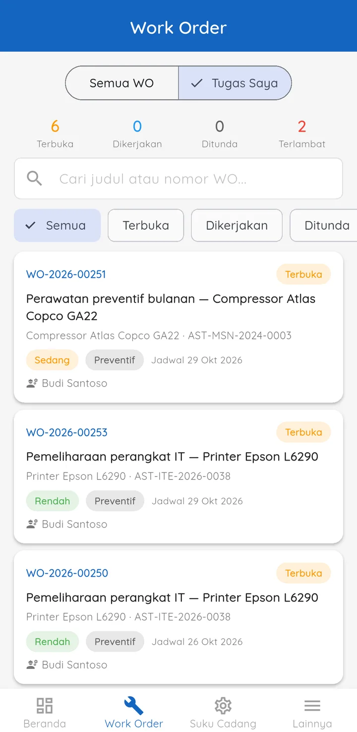 Tampilan Sistem Aset & Perawatan: Stok suku cadang berkurang saat dipakai teknisi.