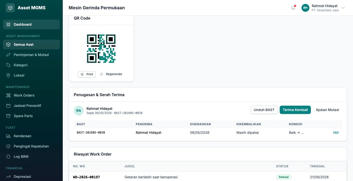 Tampilan Sistem Aset & Perawatan: Setiap aset punya kode, QR, dan pemegangnya.