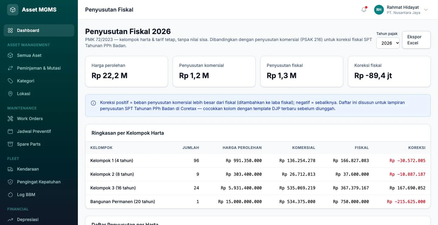Tampilan Sistem Aset & Perawatan: Penyusutan pembukuan dan pajak dalam satu laporan.