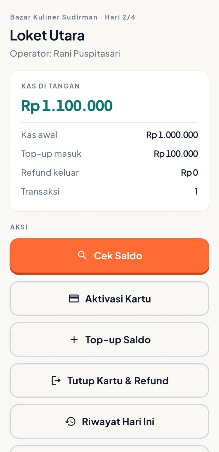 Tampilan BazarPay: Operator menghitung uang tunai, bukan saldo.