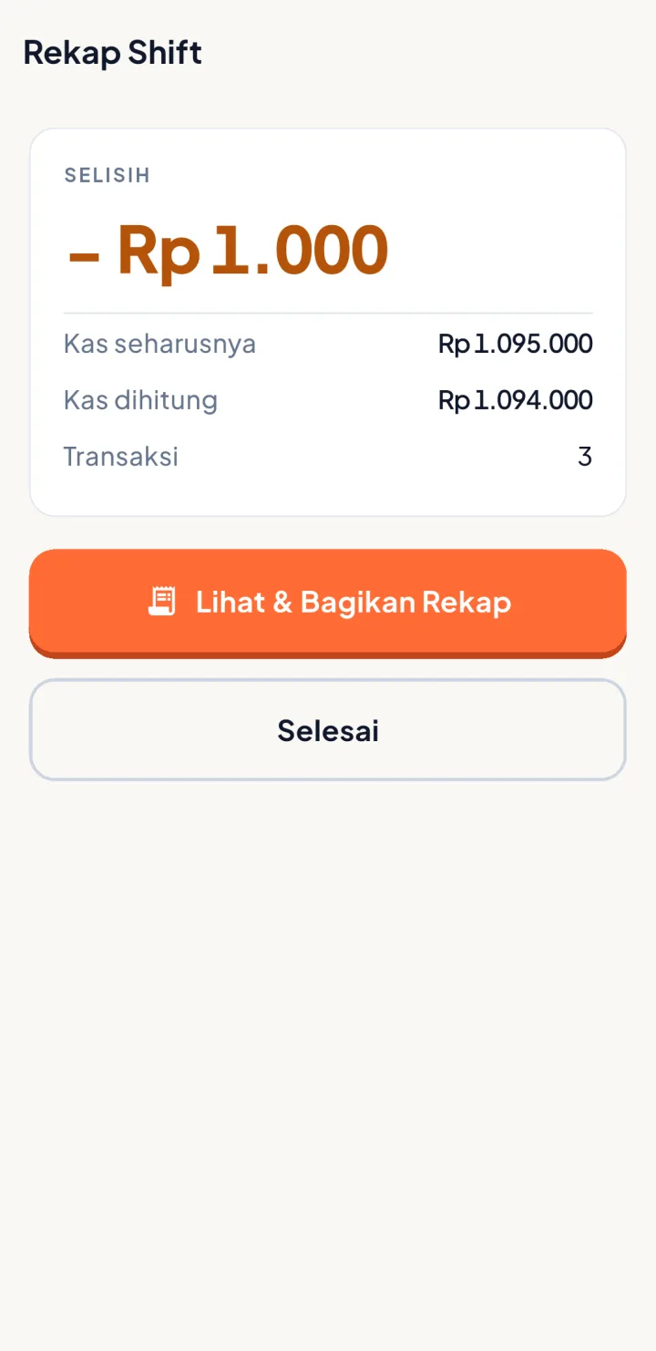 Tampilan BazarPay: Selisih kas dicatat apa adanya.