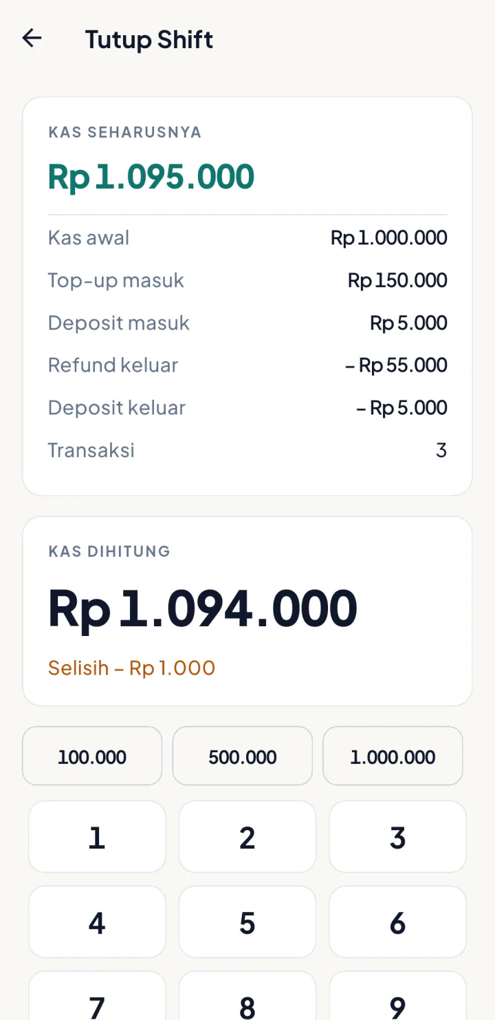 Tampilan BazarPay: Selisih kas dicatat apa adanya.