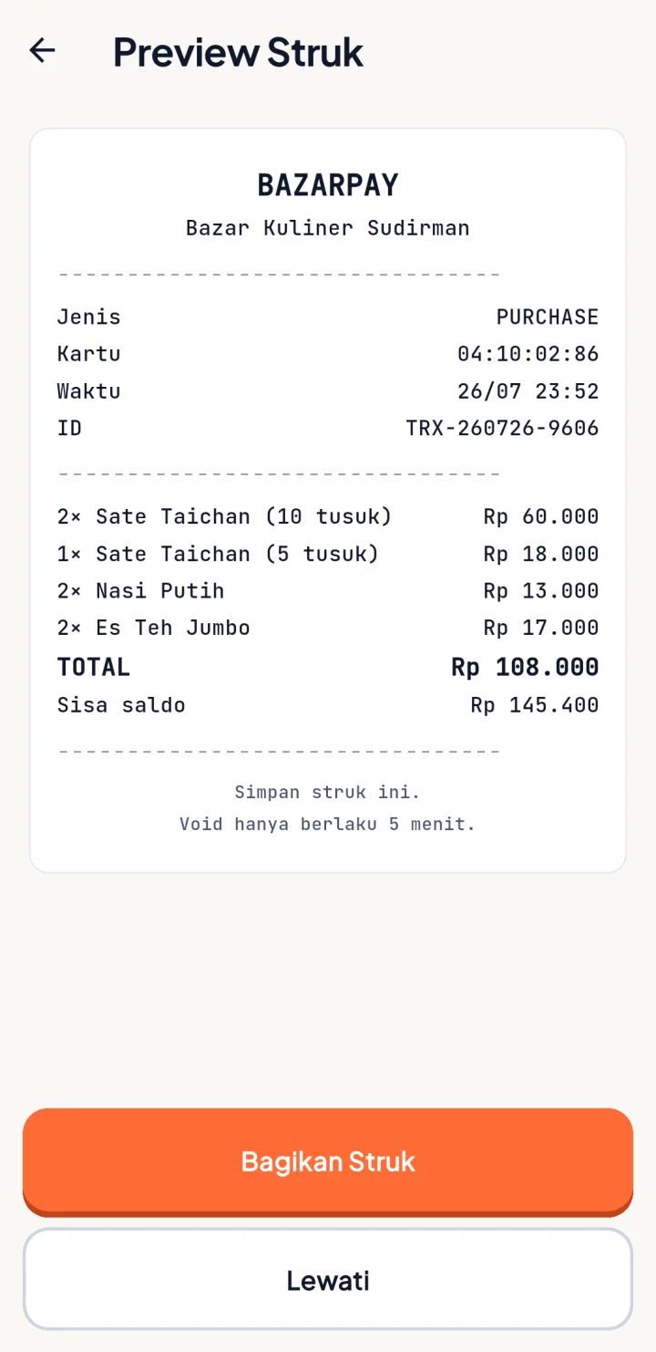 Tampilan BazarPay: Kurang berapa, langsung jelas.