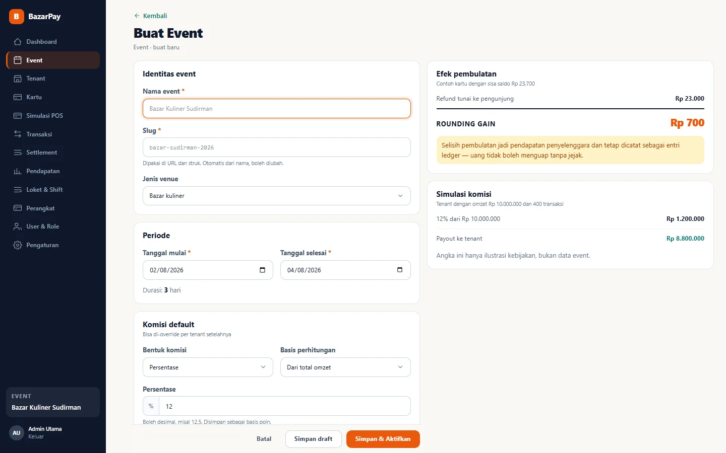 BazarPay — buat event, dashboard web