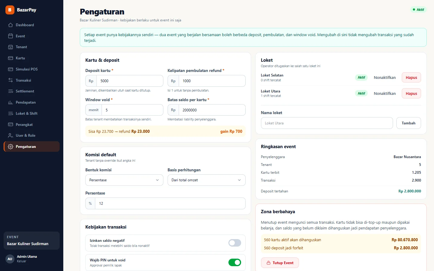 BazarPay — pengaturan event, dashboard web