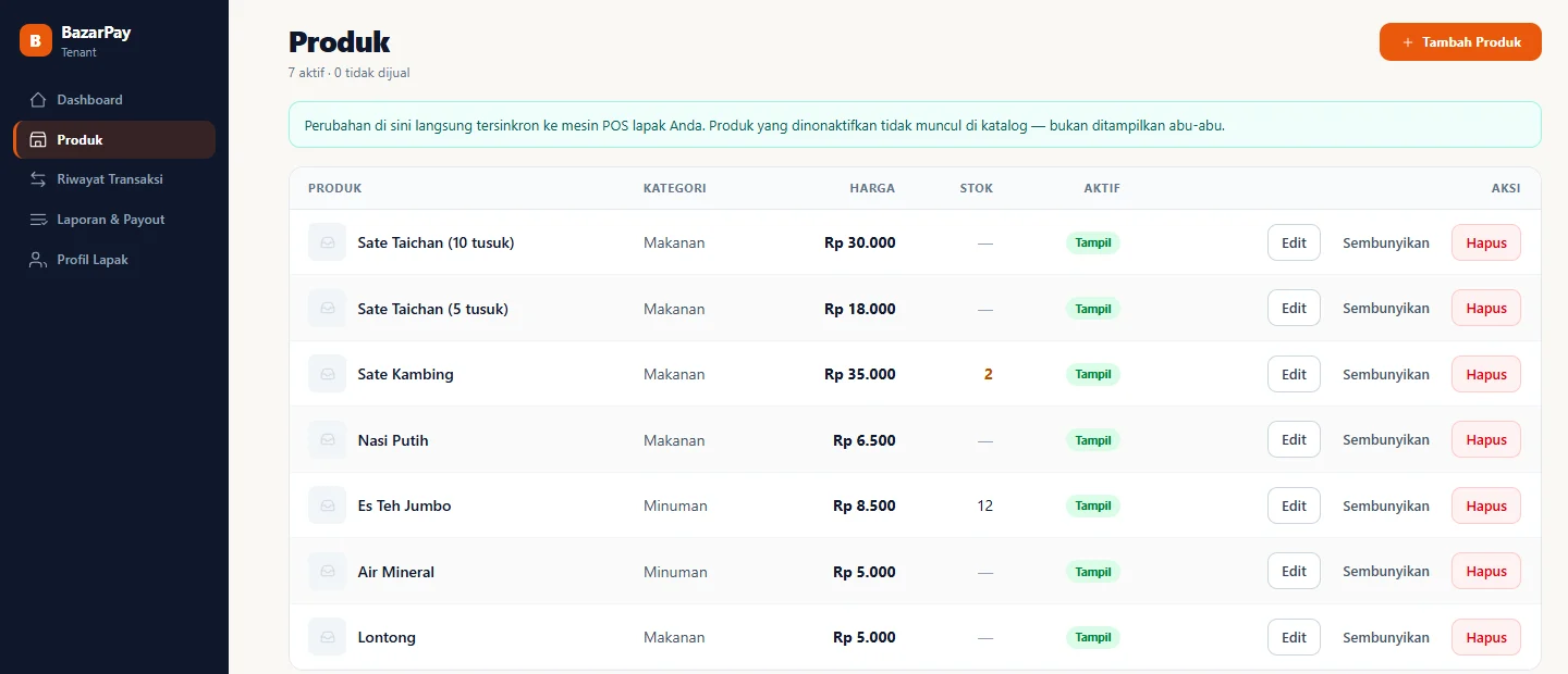 BazarPay — tenant produk, dashboard web