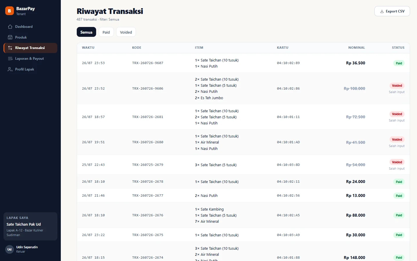 BazarPay — tenant riwayat transaksi, dashboard web