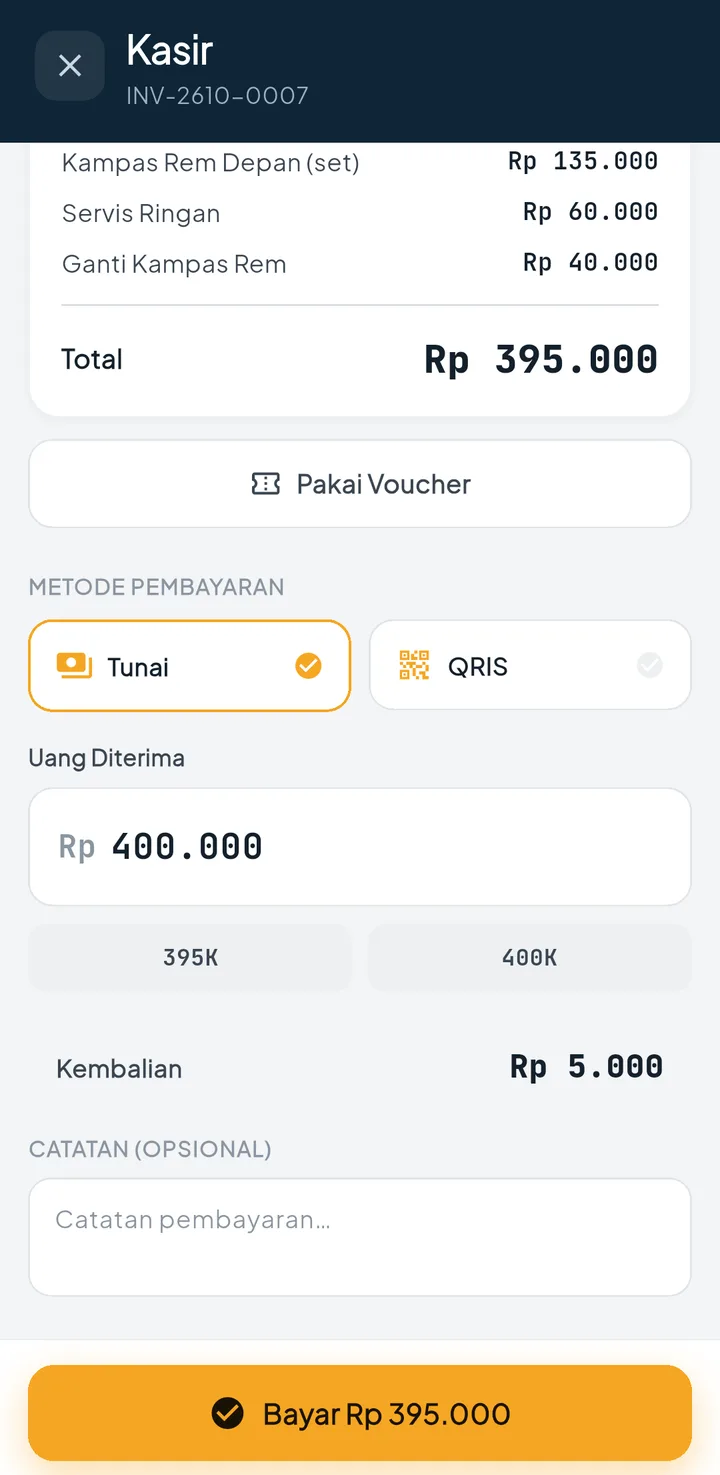 Tampilan BengkelPro + BengkelOne: Invoice dibuat dari pekerjaan yang selesai.