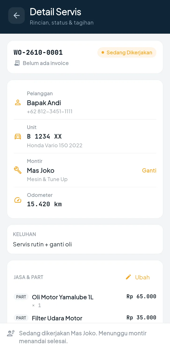 Tampilan BengkelPro + BengkelOne: Rincian jasa dan part tercatat per kendaraan.