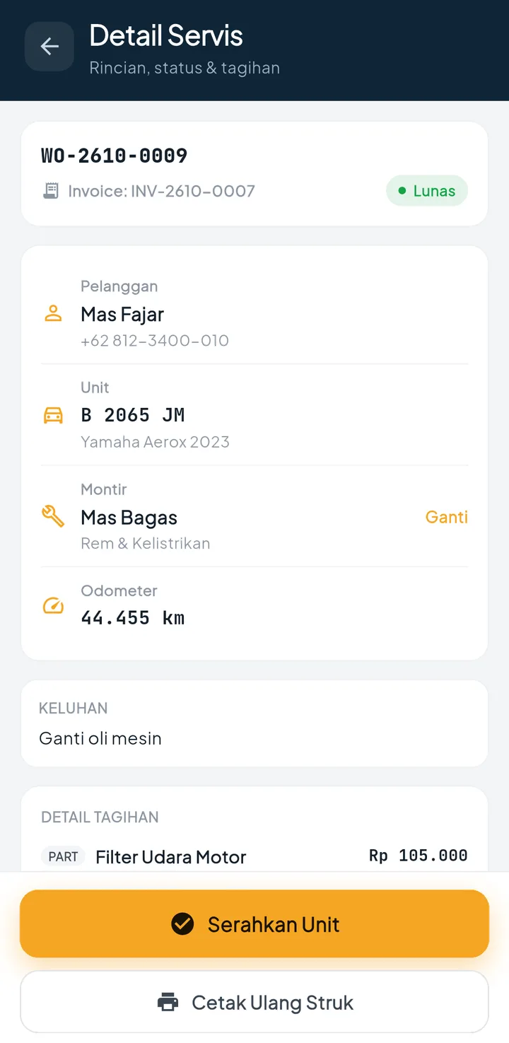 Tampilan BengkelPro + BengkelOne: Invoice dibuat dari pekerjaan yang selesai.