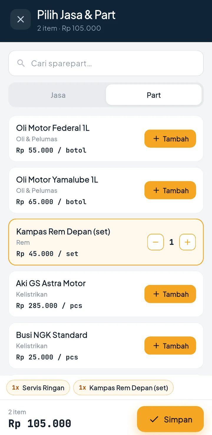 Tampilan BengkelPro + BengkelOne: Motor datang, order masuk dari HP kasir.