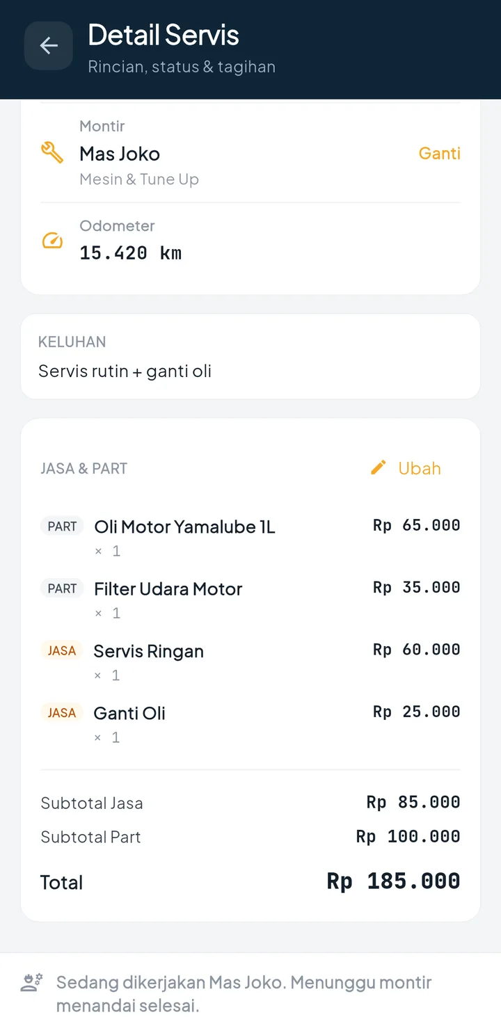 BengkelPro + BengkelOne — kasir rincian servis