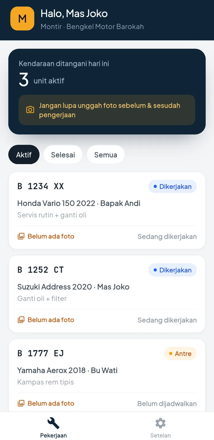 Tampilan BengkelPro + BengkelOne: Montir mencatat pekerjaan dari HP.