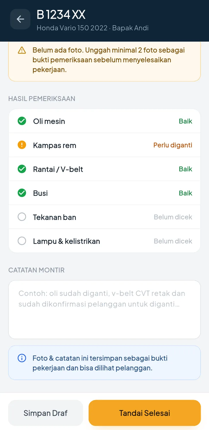 Tampilan BengkelPro + BengkelOne: Montir mencatat pekerjaan dari HP.