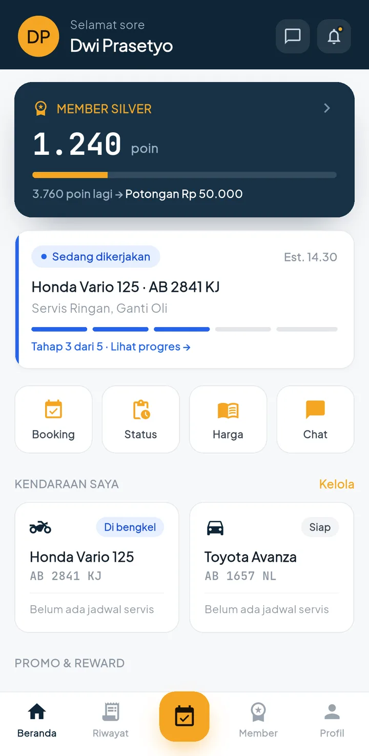 Tampilan BengkelPro + BengkelOne: Pelanggan pantau servis sendiri.