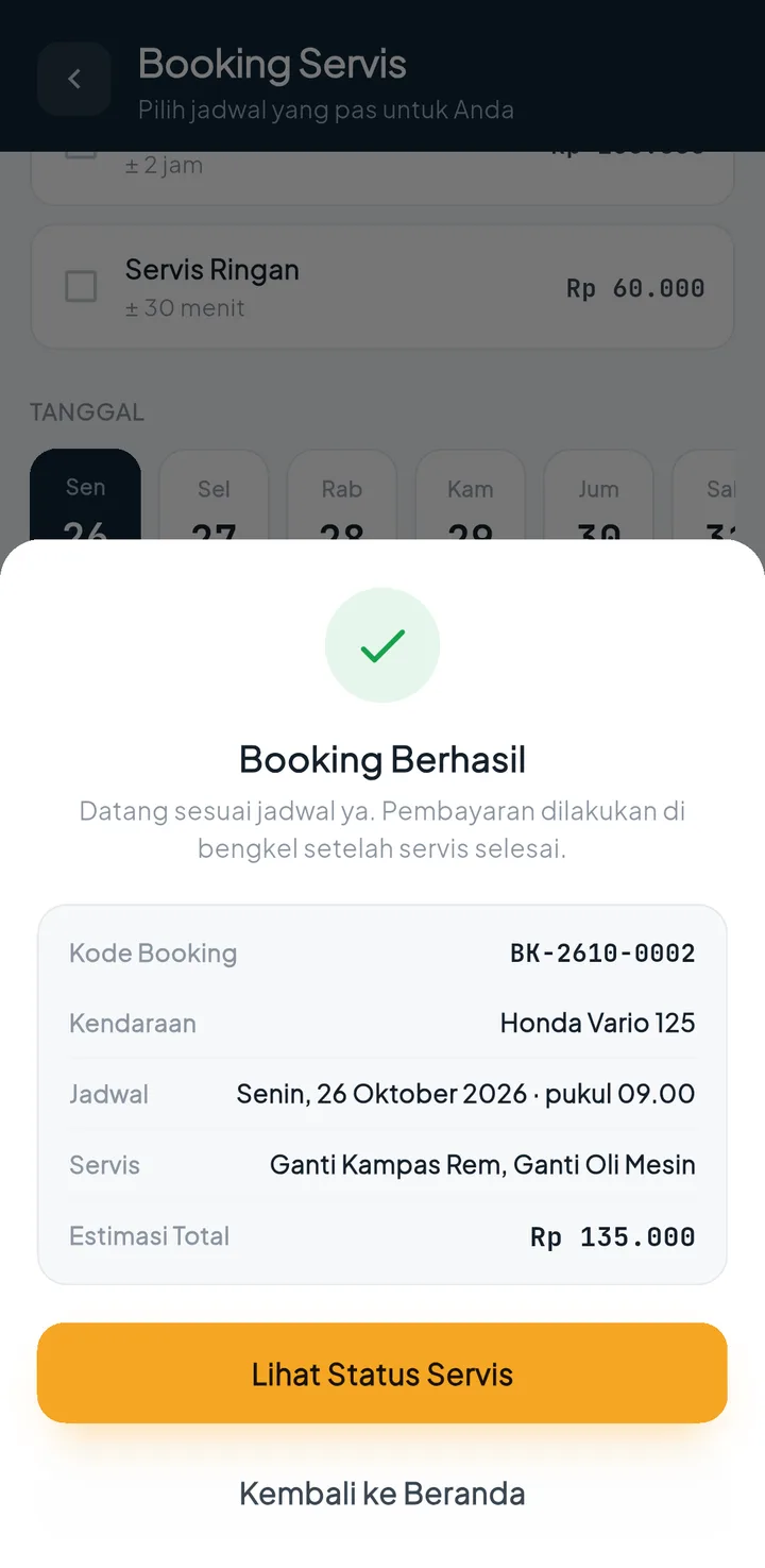 Tampilan BengkelPro + BengkelOne: Booking servis tanpa telepon.