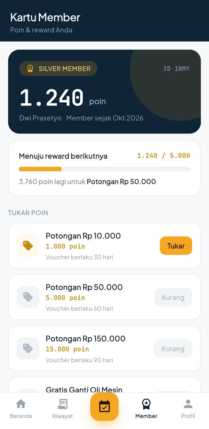 Tampilan BengkelPro + BengkelOne: Pelanggan setia dapat poin.
