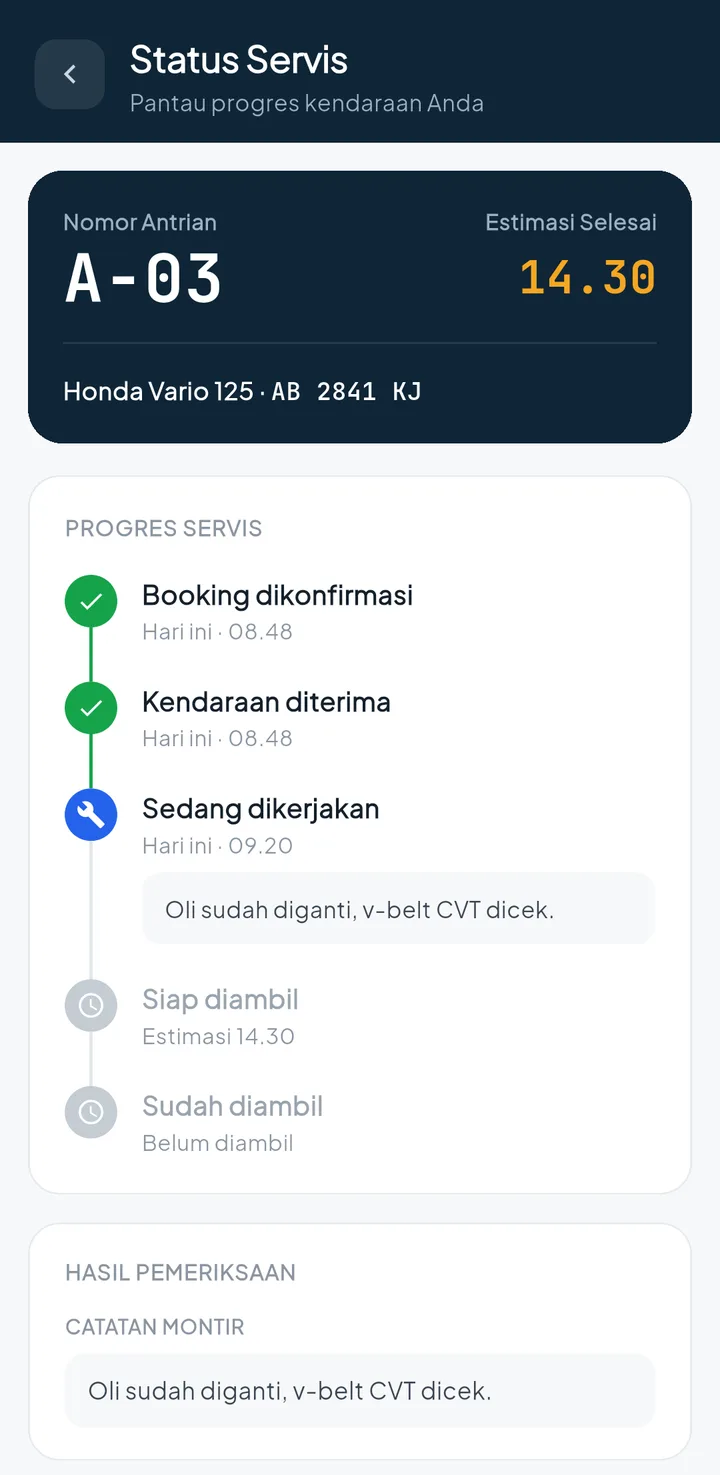 Tampilan BengkelPro + BengkelOne: Pelanggan pantau servis sendiri.
