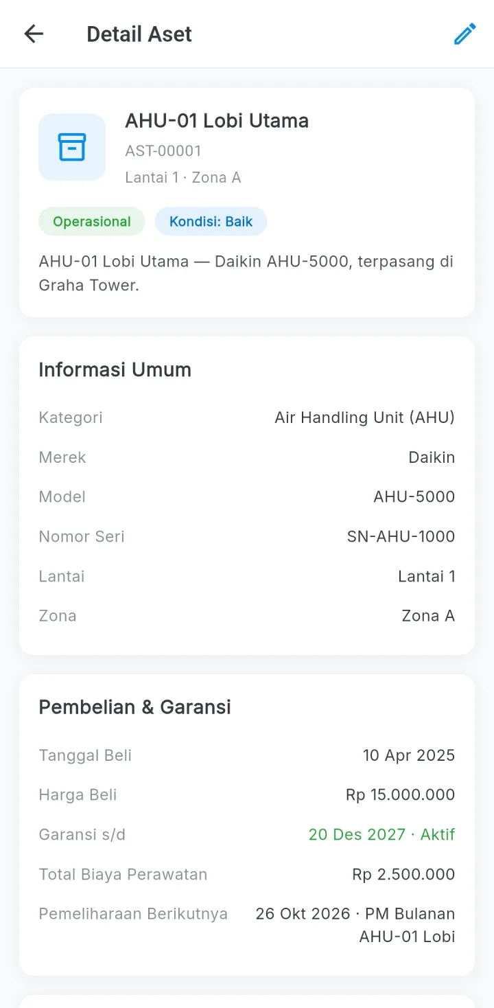 Tampilan Sistem Pengelola Gedung: Riwayat setiap AC sentral, lift, dan genset tersimpan.