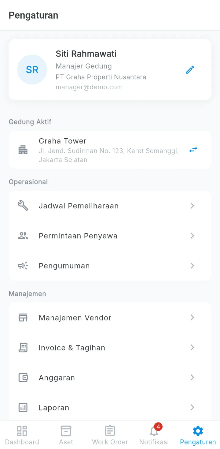 Sistem Pengelola Gedung — pengaturan, aplikasi HP