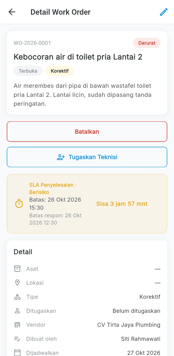 Tampilan Sistem Pengelola Gedung: Setiap keluhan menjadi perintah kerja dengan batas waktu.