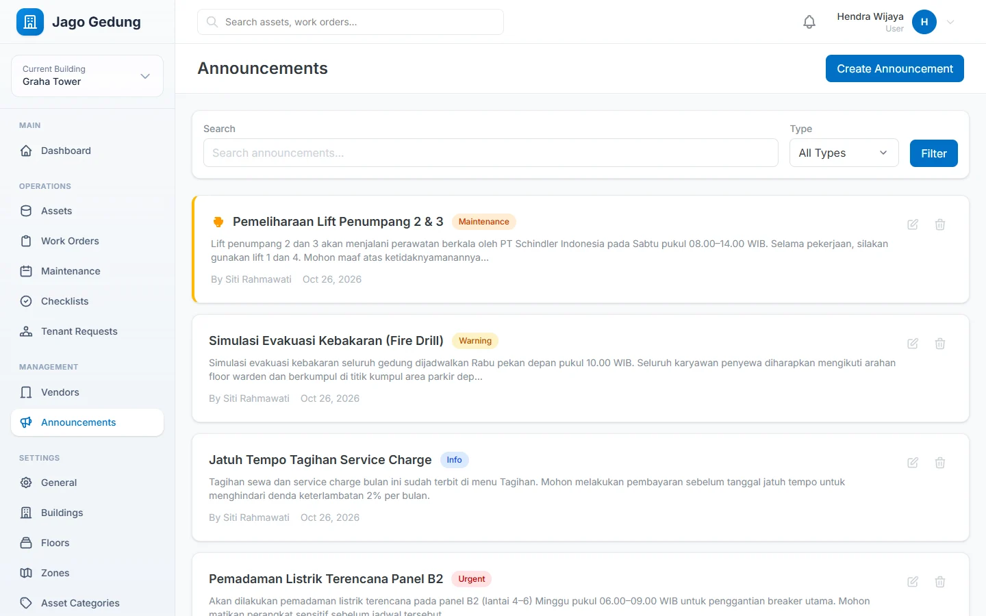 Sistem Pengelola Gedung — pengumuman, dashboard web