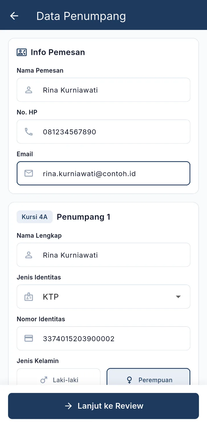 Tampilan BusTicket: Isi data penumpang, lalu bayar dengan metode yang biasa dipakai.