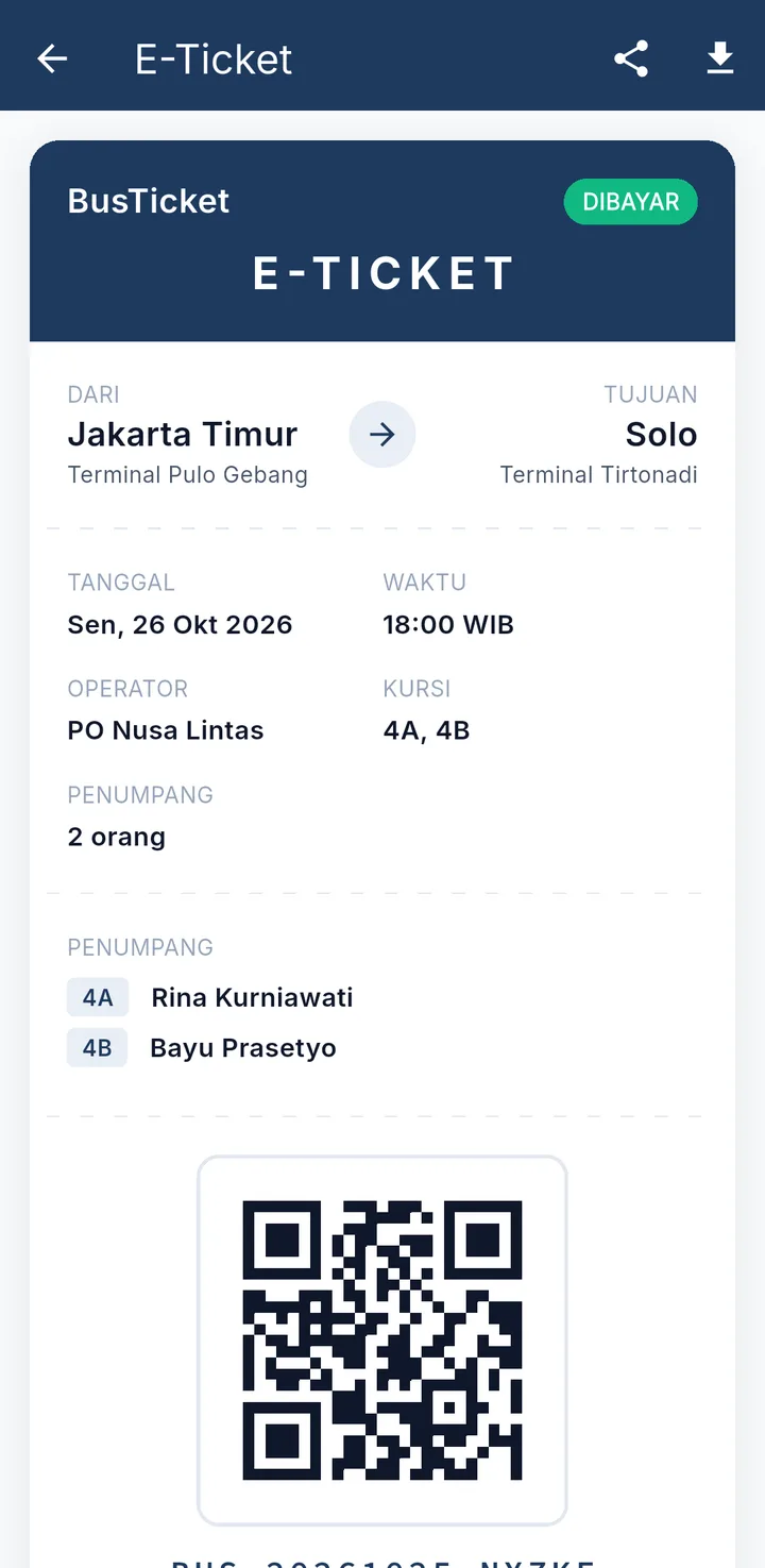 Tampilan BusTicket: Tiket ber-QR di HP, pesanan bisa dilacak dengan kode booking.