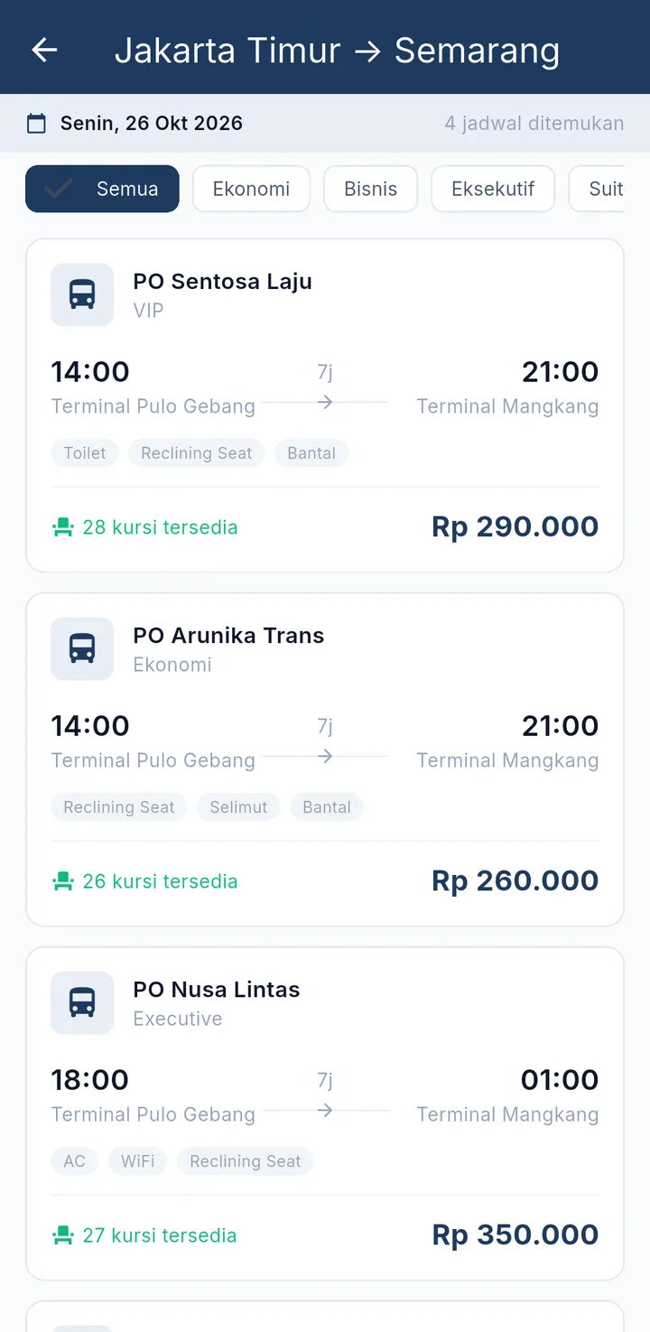 Tampilan BusTicket: Penumpang membandingkan jadwal dan harga antar-PO.