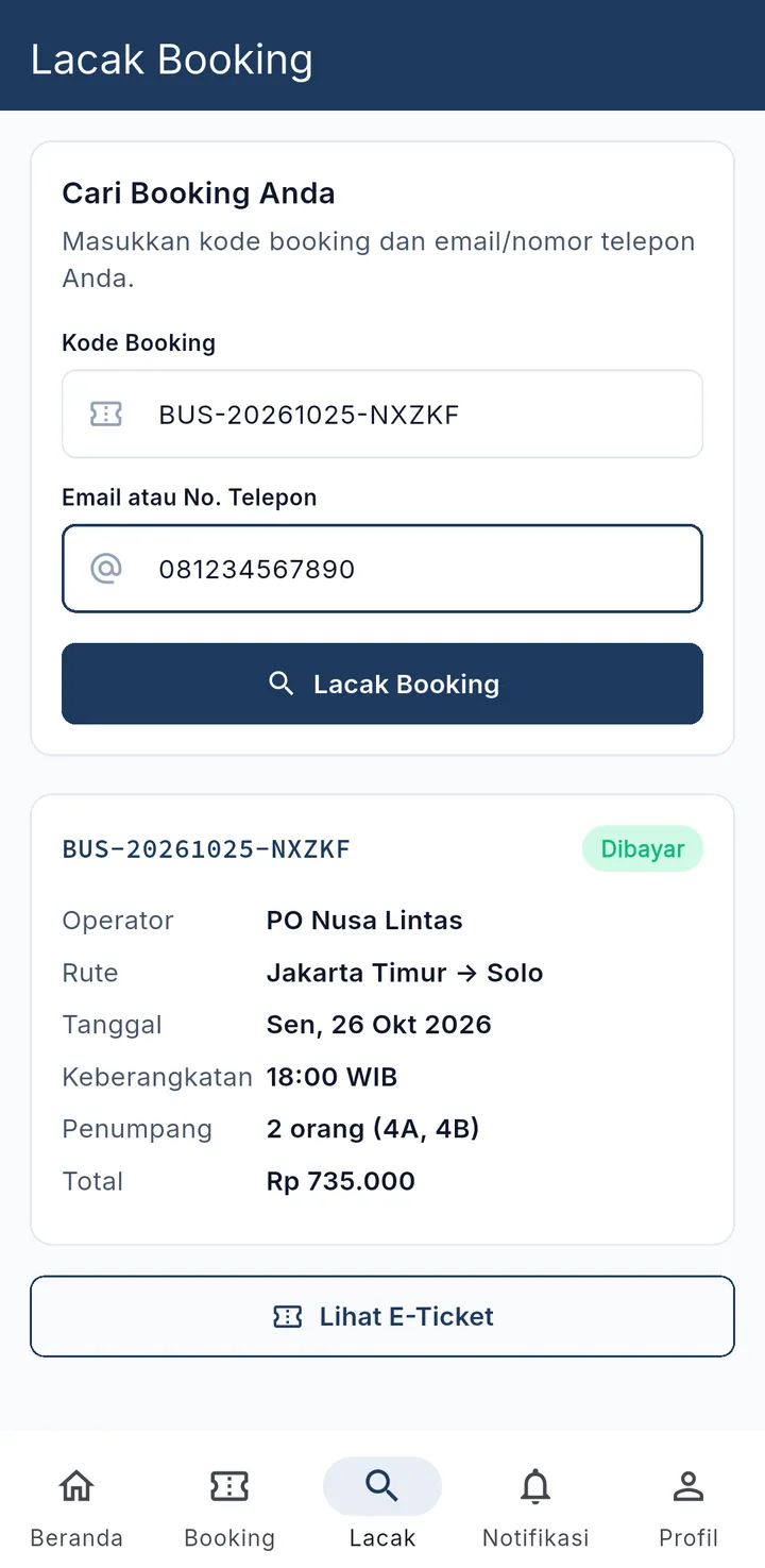 BusTicket — lacak booking, aplikasi HP