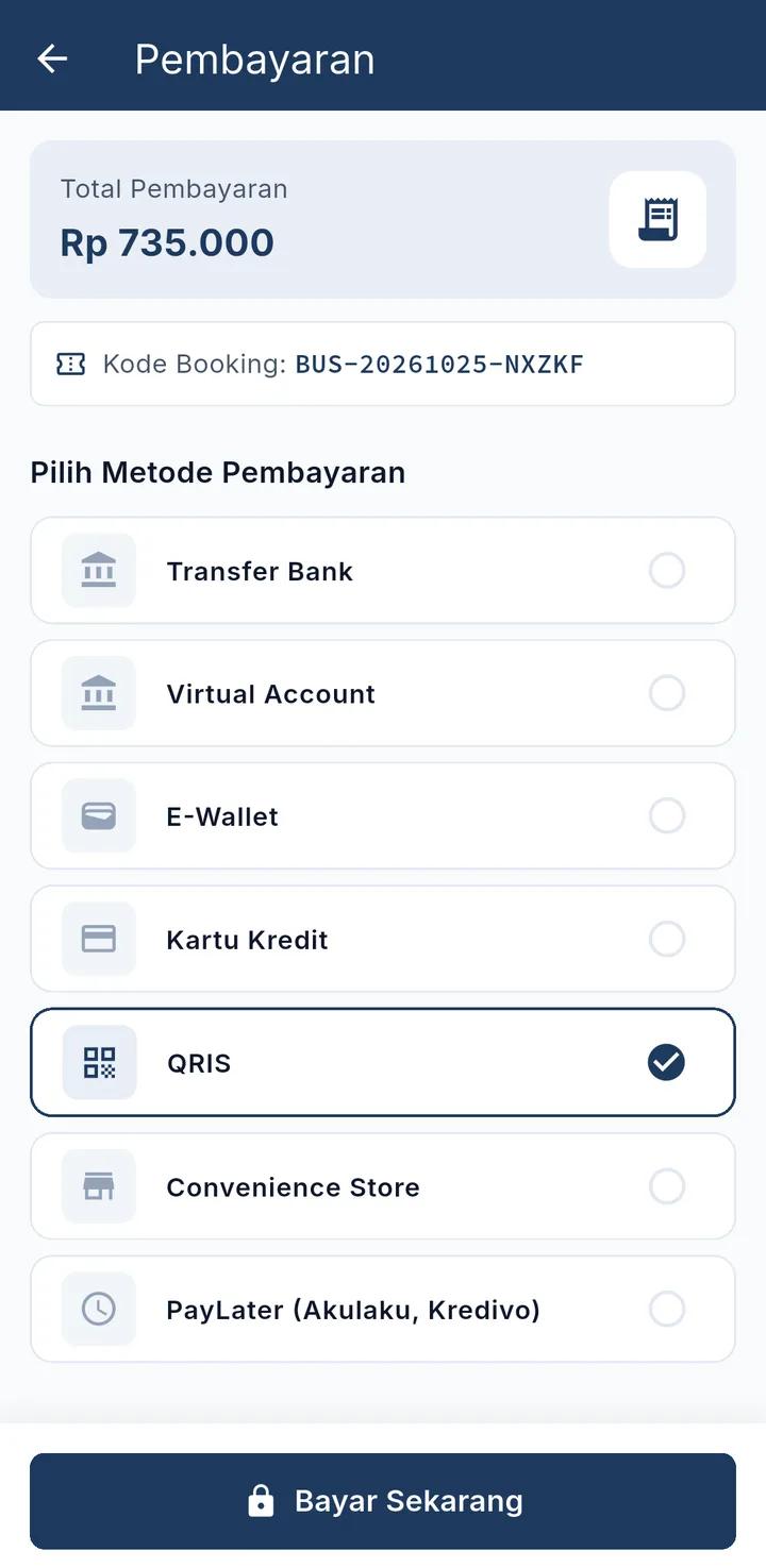 Tampilan BusTicket: Isi data penumpang, lalu bayar dengan metode yang biasa dipakai.