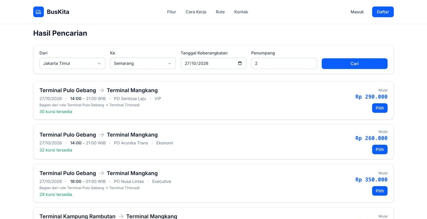 Tampilan BusTicket: Penumpang membandingkan jadwal dan harga antar-PO.