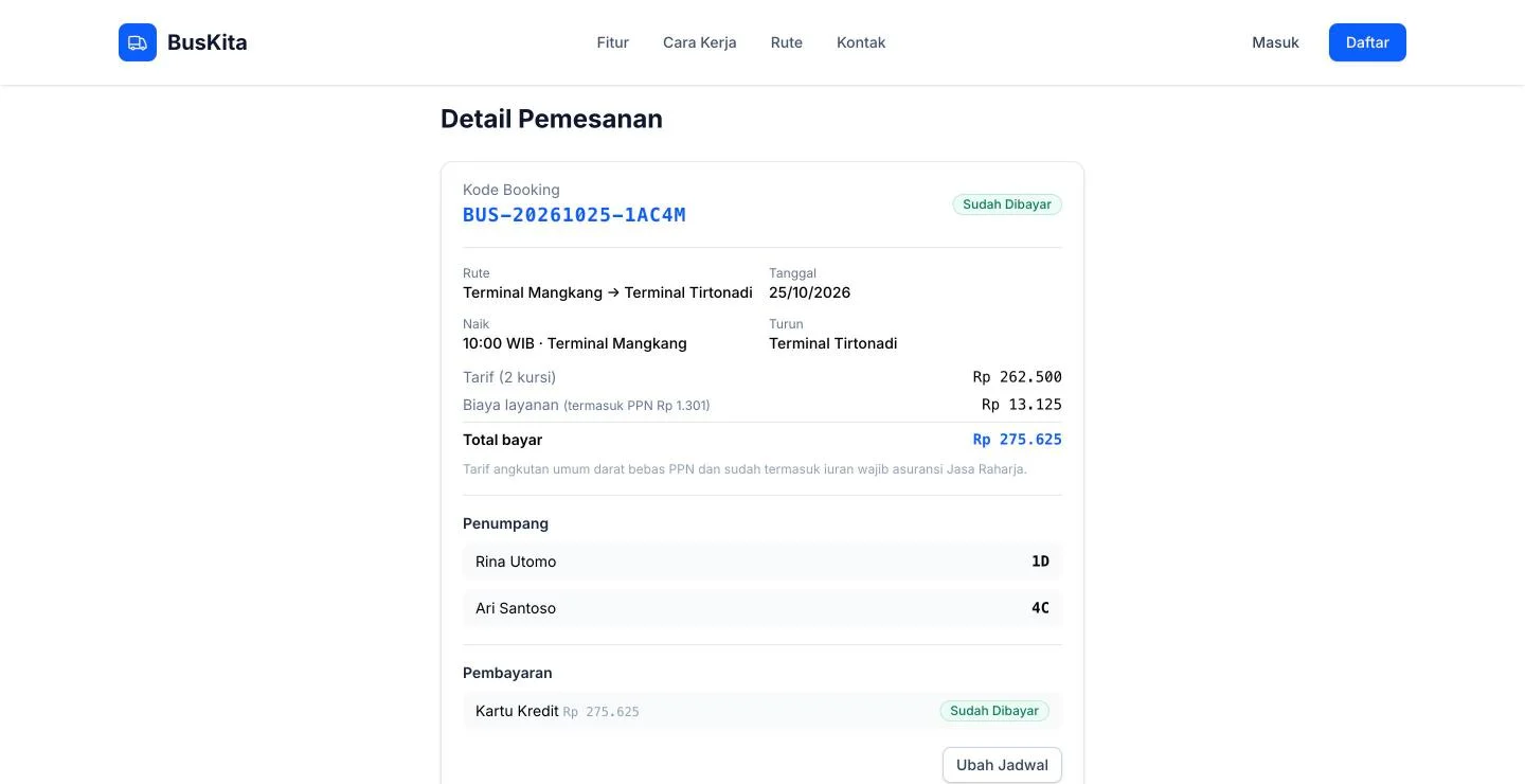 Tampilan BusTicket: Tiket ber-QR di HP, pesanan bisa dilacak dengan kode booking.