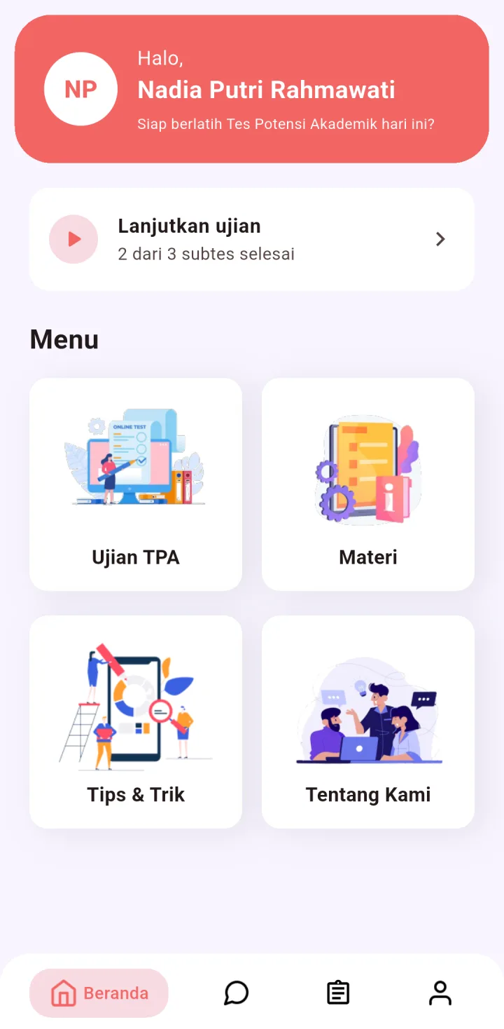 Tampilan CBT TPA: Tiga subtes, satu ujian.