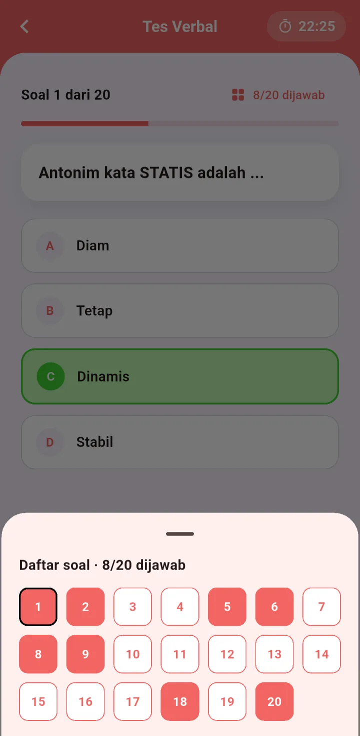 Tampilan CBT TPA: Waktu mengikuti server, jawaban langsung tersimpan.
