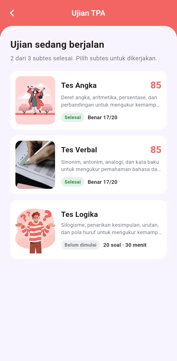 Tampilan CBT TPA: Tiga subtes, satu ujian.