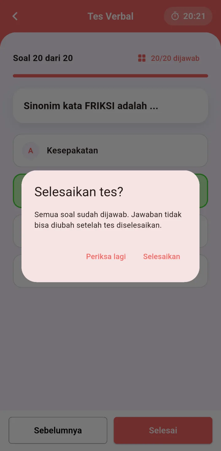 Tampilan CBT TPA: Nilai keluar begitu subtes selesai.