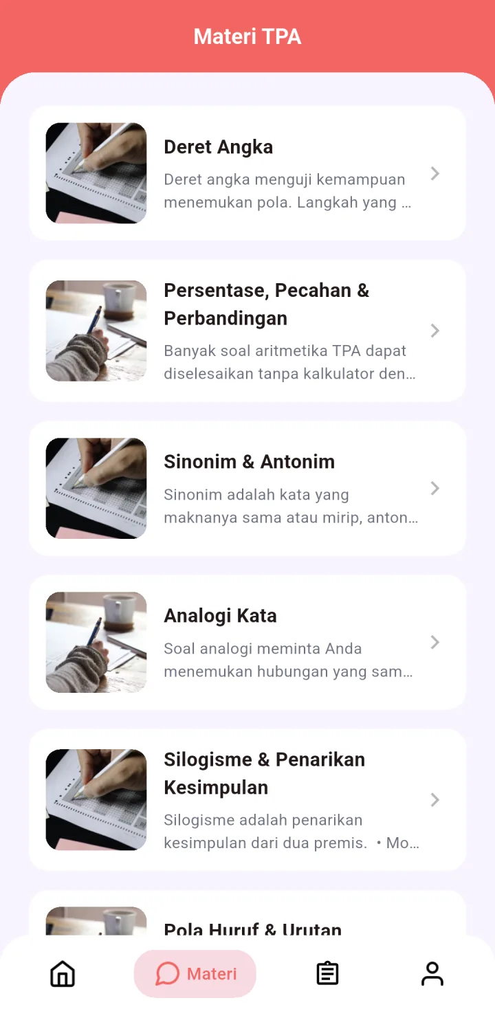 Tampilan CBT TPA: Hasil ujian dan bahan belajar di satu aplikasi.