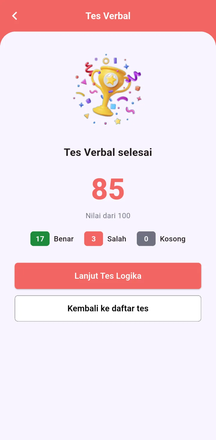 Tampilan CBT TPA: Nilai keluar begitu subtes selesai.