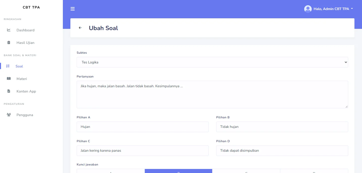 CBT TPA — ubah soal, dashboard web