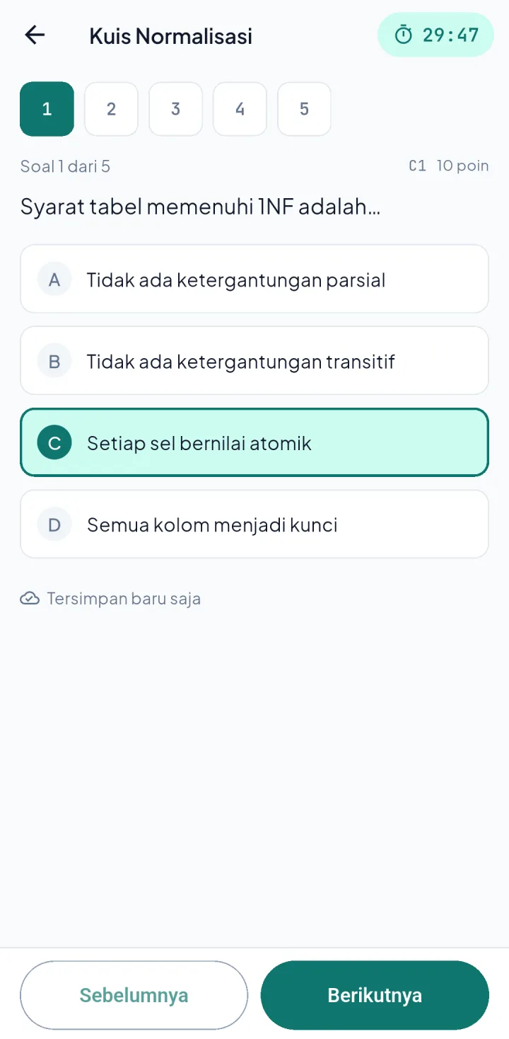 Tampilan Cendekia: Timer dari server, jawaban tersimpan per soal.