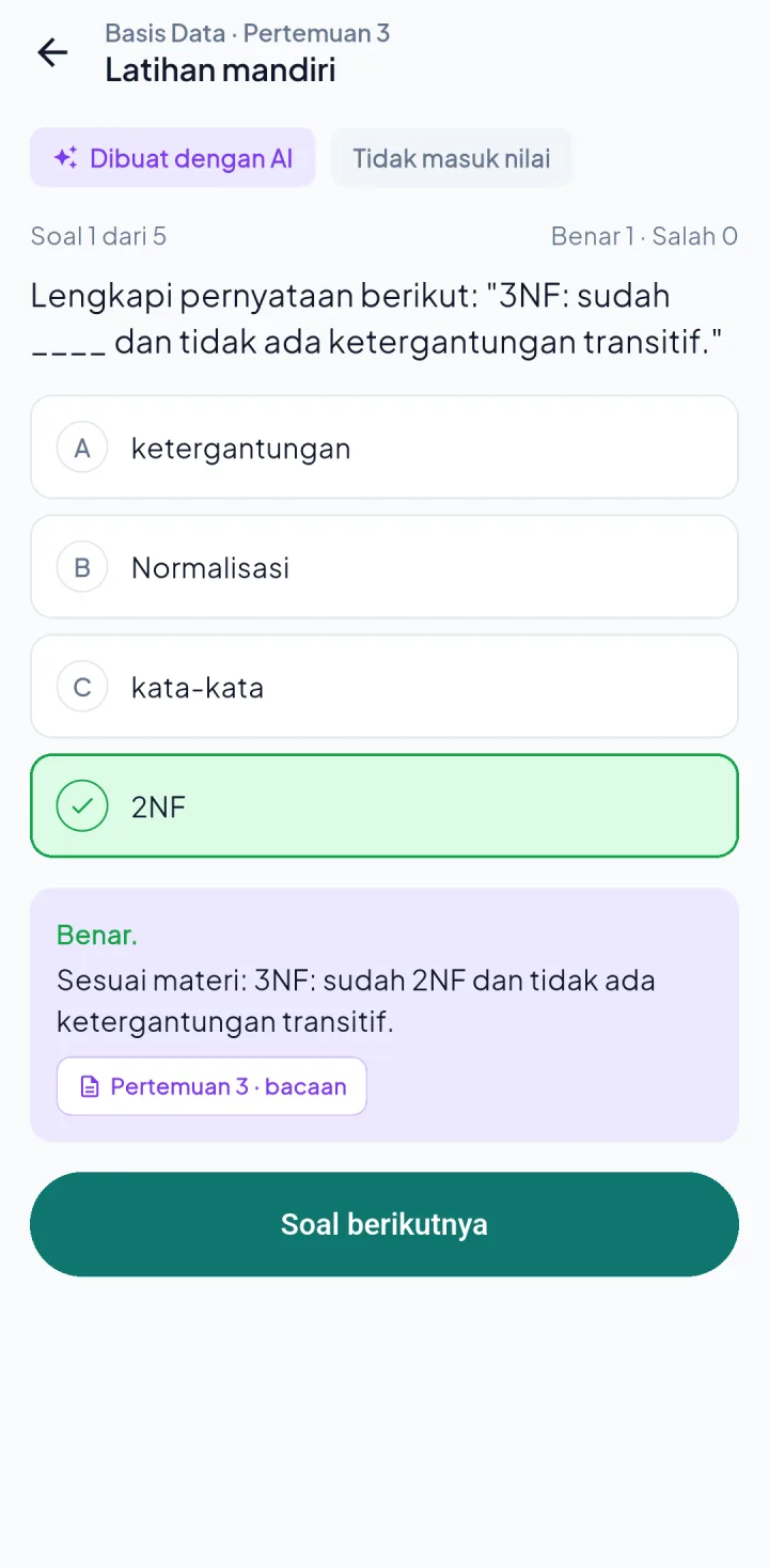 Tampilan Cendekia: Latihan mandiri untuk mahasiswa, bank soal untuk dosen.