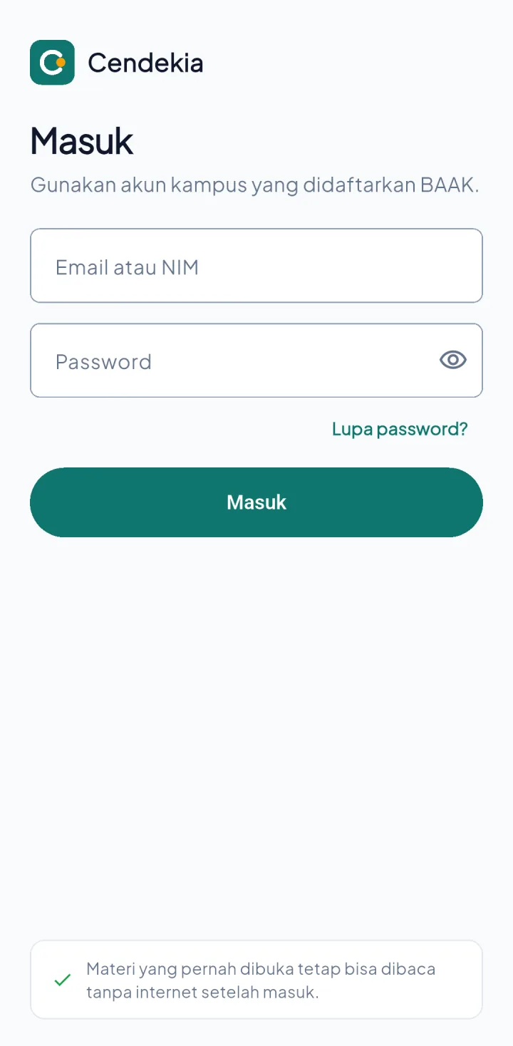Cendekia — masuk, aplikasi HP
