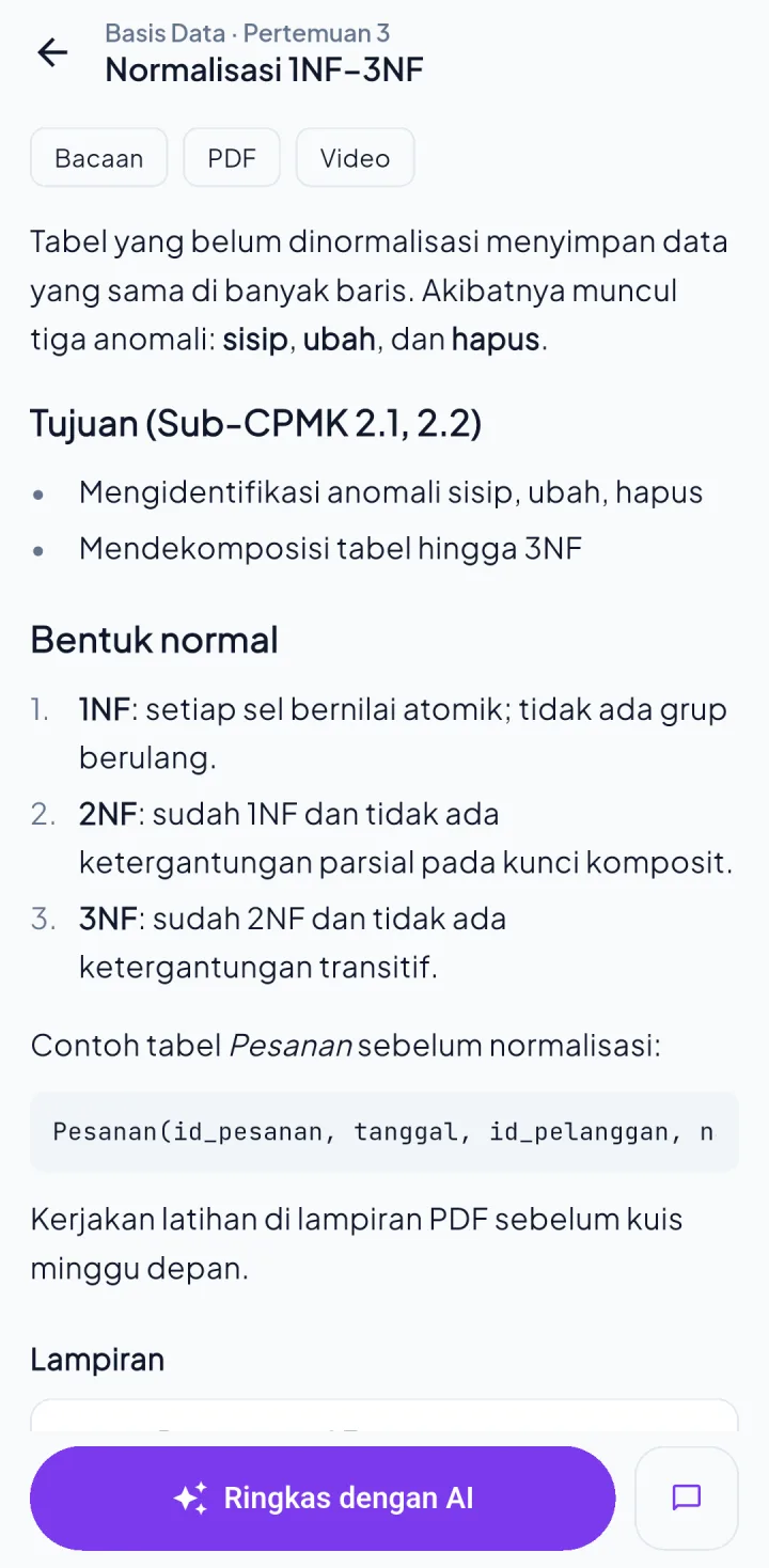 Tampilan Cendekia: Satu tempat untuk materi, lampiran, dan jadwal tayang.